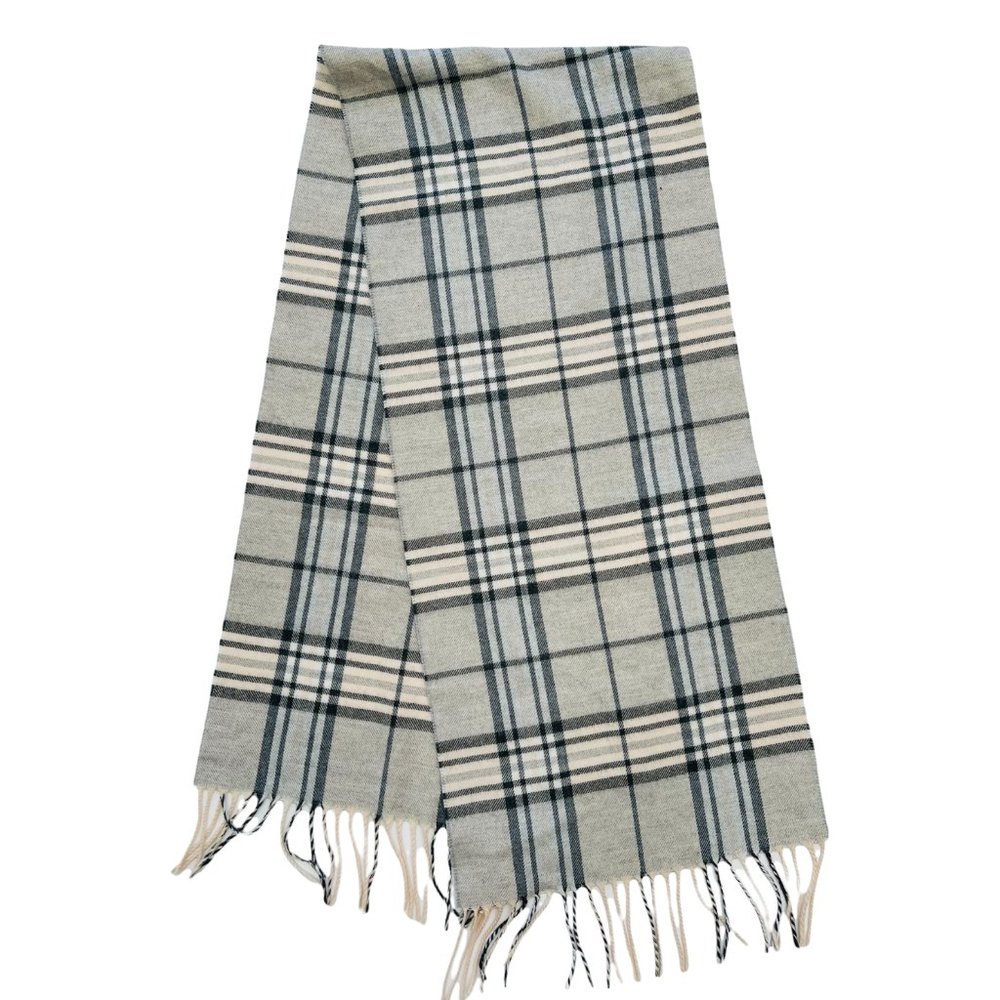 Pure Pashmina Wrap Silver Grey 3 Ply Plaid Scarf 12"x52" - Picture 2 of 5